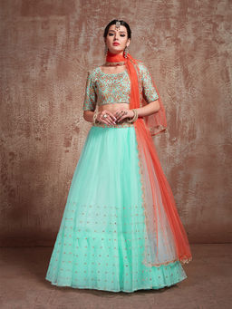 Odette - Sea Green Stunning Semi Stitched Lehenga with Unstitched Blouse (Set of 3)