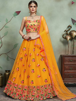 Odette - Mustard Color Soft Net Sequins Semi Stitched Lehenga with Unstitched Blouse (Set of 3)