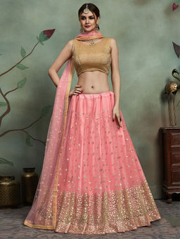 Odette - Peach Soft Net Sequins Semi Stitched Lehenga with Unstitched Blouse (Set of 3)