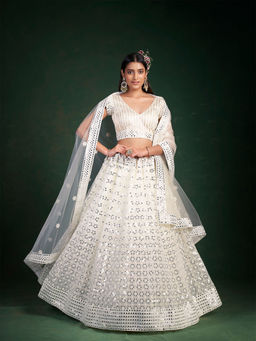 Odette - Off White Embroidered Festive Semi Stitched Lehenga with Unstitched Blouse (Set of 3)