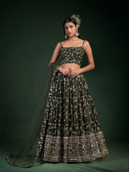 Odette - Dark Green Embroidered Bridal Semi Stitched Lehenga with Unstitched Blouse (Set of 3)