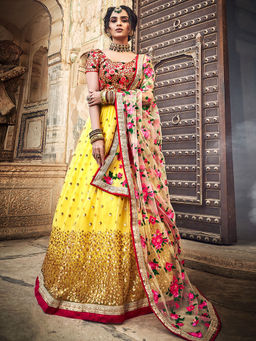 Odette - Yellow Embroidered Soft Net Semi Stitched Lehenga with Unstitched Blouse (Set of 3)