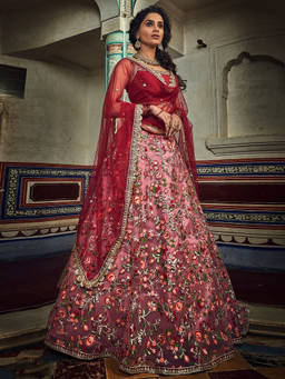 Odette - Mauve Embroidered Art Silk Semi Stitched Lehenga with Unstitched Blouse (Set of 3)
