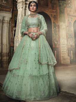 Odette - Sea Green Sequins, Zari Semi Stitched Lehenga with Unstitched Blouse (Set of 3)