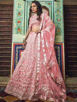 Odette - Pink Embroidered Soft Net Semi Stitched Lehenga with Unstitched Blouse (Set of 3)