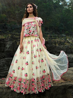 Odette - Designer Cream Semi Stitched Lehenga with Unstitched Blouse (Set of 3)