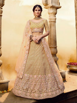 Odette - Gold Embroidered Soft Net Semi Stitched Lehenga with Unstitched Blouse (Set of 3)