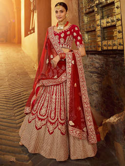 Odette - Red Embroidered Velvet Semi Stitched Lehenga with Unstitched Blouse (Set of 3)