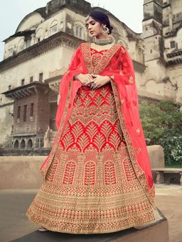 Odette - Red Embroidered Semi Stitched Lehenga with Unstitched Blouse (Set of 3)