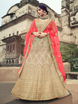 Odette - Beige Embroidered Semi Stitched Lehenga with Unstitched Blouse (Set of 3)