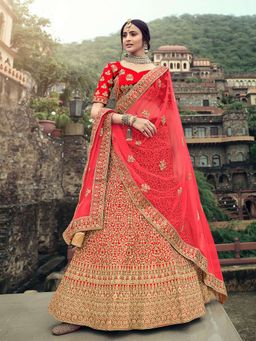 Odette - Red Embroidered Semi Stitched Lehenga with Unstitched Blouse (Set of 3)