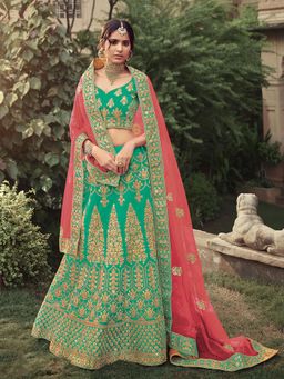 Odette - Green Embroidered Semi Stitched Lehenga with Unstitched Blouse (Set of 3)