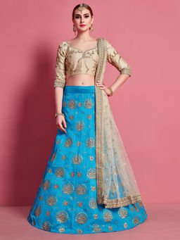 Odette - Sky Blue Embroidered Semi Stitched Lehenga with Unstitched Blouse (Set of 3)