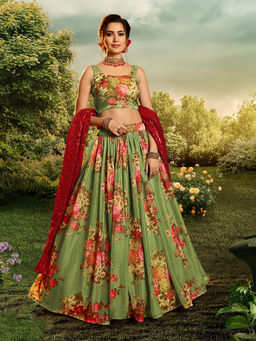 Odette - Green Elegant Semi Stitched Lehenga with Unstitched Blouse (Set of 3)