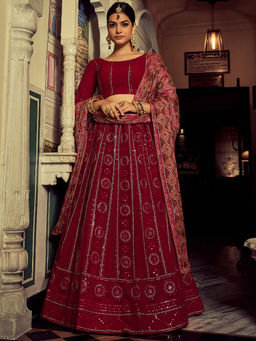 Odette - Embroidered Maroon Georgette Semi Stitched Lehenga with Blouse Piece (Set of 3)