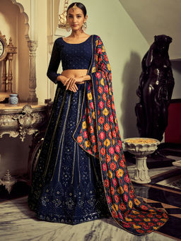 Odette - Beautiful Navy Blue Color Georgette Semi Stitched Lehenga with Blouse Piece (Set of 3)