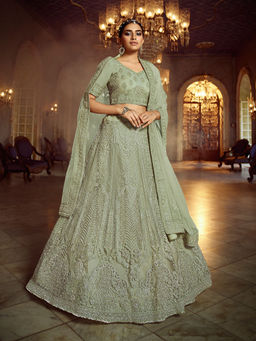 Odette - Olive Embroidered Soft Net Semi Stitched Lehenga with Unstitched Blouse (Set of 3)