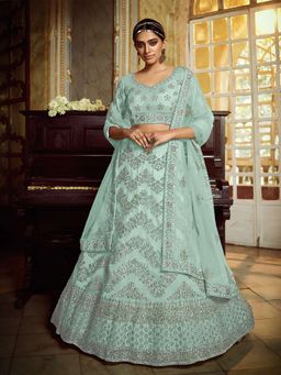 Odette - Sea Green Soft Net Embroidered Semi Stitched Lehenga with Unstitched Blouse (Set of 3)