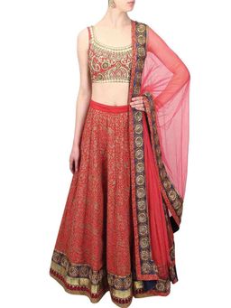 Odette - Red Embroidered Art Silk Semi Stitched Lehenga with Unstitched Blouse (Set of 3)