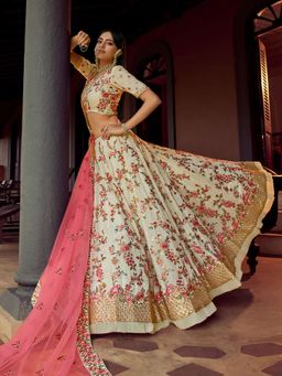 Odette - Apricot Swarovski Embroidered Semi Stitched Lehenga with Unstitched Blouse (Set of 3)
