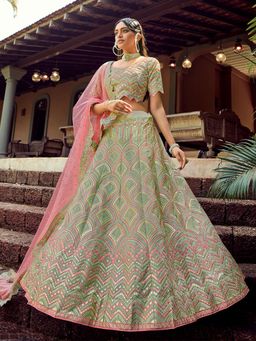 Odette - Green Embroidered Georgette Semi Stitched Lehenga with Unstitched Blouse (Set of 3)