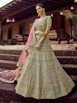 Odette - Green Embroidered Georgette Semi Stitched Lehenga with Unstitched Blouse (Set of 3)