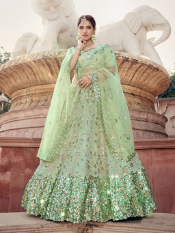 Odette - Green Sequins Sassy Semi Stitched Lehenga with Unstitched Blouse (Set of 3)