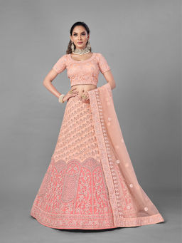 Odette - Peach Soft Net Semi Stitched Lehenga with Unstitched Blouse (Set of 3)