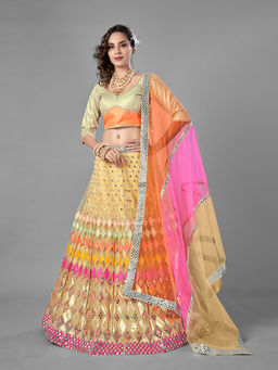 Odette - Beige Embroidered Soft Net Semi Stitched Lehenga with Unstitched Blouse (Set of 3)