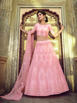 Odette - Pink Embroidered Soft Net Semi Stitched Lehenga with Unstitched Blouse (Set of 3)