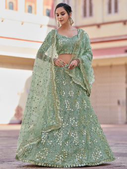 Odette - Green Embroidered Semi Stitched Lehenga with Unstitched Blouse (Set of 3)