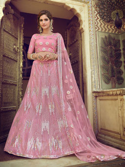 Odette - Pink Sequins Semi Stitched Lehenga with Unstitched Blouse (Set of 3)
