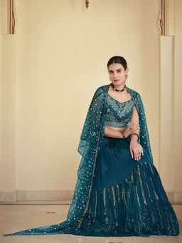 Odette - Teal Embroidered Crepe Semi Stitched Lehenga with Unstitched Blouse (Set of 3)