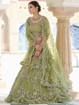 Odette - Stylish Olive Soft Net Semi Stitched Lehenga with Unstitched Blouse (Set of 3)