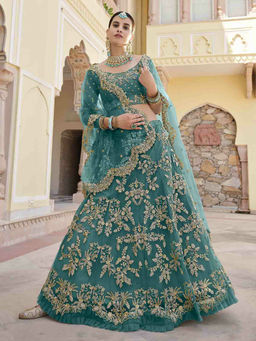 Odette - Impressive Teal Soft Net Semi Stitched Lehenga with Unstitched Blouse (Set of 3)