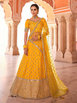 Odette - Mustard Embroidered Art Silk Semi Stitched Lehenga with Unstitched Blouse (Set of 3)