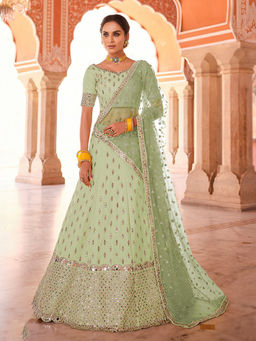 Odette - Green Embroidered Art Silk Semi Stitched Lehenga with Unstitched Blouse (Set of 3)
