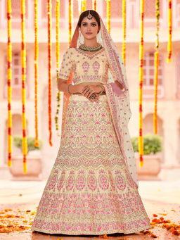 Odette - Beige Embroidered Crepe Semi Stitched Lehenga with Unstitched Blouse (Set of 3)