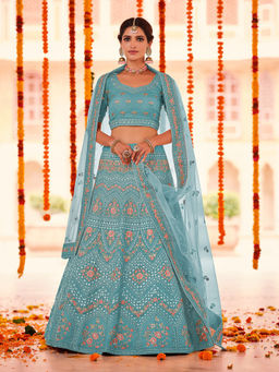 Odette - Light Blue Embroidered Georgette Semi Stitched Lehenga with Unstitched Blouse (Set of 3)