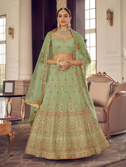 Odette - Green Georgette Semi Stitched Lehenga with Unstitched Blouse (Set of 3)