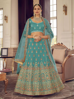 Odette - Light Blue Embroidered Georgette Semi Stitched Lehenga with Unstitched Blouse (Set of 3)