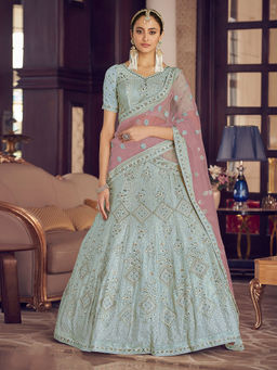 Odette - Light Blue Embroidered Crepe Semi Stitched Lehenga with Unstitched Blouse (Set of 3)