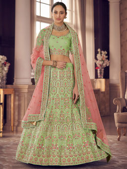 Odette - Green Embroidered Georgette Semi Stitched Lehenga with Unstitched Blouse (Set of 3)