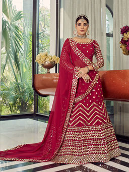 Odette - Red Elegant Semi Stitched Lehenga with Unstitched Blouse (Set of 3)