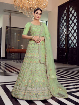 Odette - Green Embroidered Georgette Semi Stitched Lehenga with Unstitched Blouse (Set of 3)
