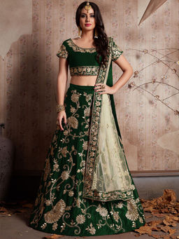 Odette - Dark Green Embroidered Semi Stitched Lehenga with Unstitched Blouse (Set of 3)