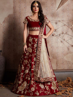 Odette - Maroon Embroidered Semi Stitched Lehenga with Unstitched Blouse (Set of 3)