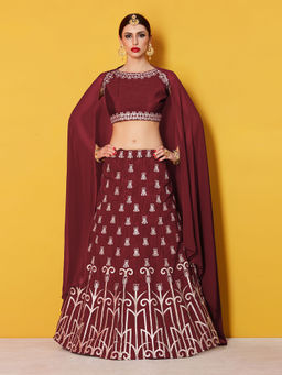 Odette - Maroon Embroidered Semi Stitched Lehenga with Unstitched Blouse (Set of 3)