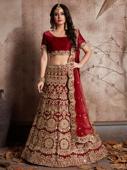 Odette - Maroon Embroidered Semi Stitched Lehenga with Unstitched Blouse (Set of 3)