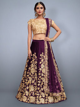 Odette - Wine Embroidered Semi Stitched Lehenga with Unstitched Blouse (Set of 3)
